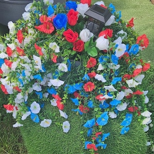 Patriotic Red White Blue Cemetery Urn Insert with Solar Lantern Grave Memorial Flower Arrangement