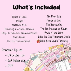 Puede incluir: Un conjunto digital imprimible de fichas de estudio b&iacute;blico sobre un fondo rosa claro. El texto enumera temas incluidos como Types of Love, Prayer, Matthew 6:34, The Four Soils, Armor of God, The Beatitudes, The Ten Plagues y Bible Book Study Template.