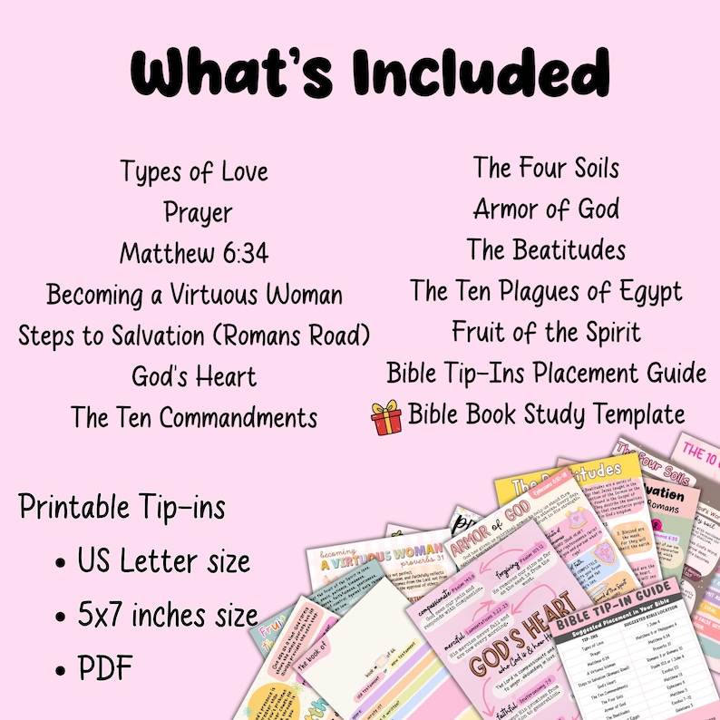 Puede incluir: Un conjunto digital imprimible de fichas de estudio b&iacute;blico sobre un fondo rosa claro. El texto enumera temas incluidos como Types of Love, Prayer, Matthew 6:34, The Four Soils, Armor of God, The Beatitudes, The Ten Plagues y Bible Book Study Template.