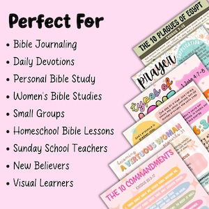 Puede incluir: Una colecci&oacute;n de tarjetas de estudio religiosas rectangulares y coloridas con texto como The 10 Plagues of Egypt, Prayer, Types of, Becoming a Virtuous Woman y The 10 Commandments, junto a una lista de usos como Bible Journaling.