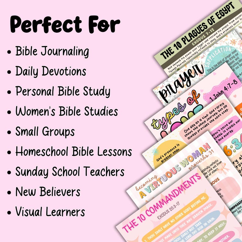 Puede incluir: Una colecci&oacute;n de tarjetas de estudio religiosas rectangulares y coloridas con texto como The 10 Plagues of Egypt, Prayer, Types of, Becoming a Virtuous Woman y The 10 Commandments, junto a una lista de usos como Bible Journaling.