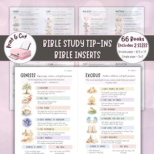 May include: Bible study tip-ins and inserts with illustrations. The inserts include 66 books in 2 sizes: double page 8.5 x 11 inches and single page 5 x 7 inches. The Genesis and Exodus sections are shown with text and illustrations.