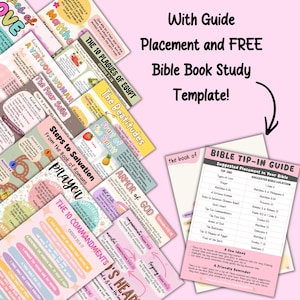 Puede incluir: Una colecci&oacute;n de tarjetas coloridas para el estudio de la Biblia con diversos temas religiosos como los 10 Mandamientos, las Bienaventuranzas y la Armadura de Dios, junto a una gu&iacute;a blanca con ubicaciones sugeridas para cada tarjeta.