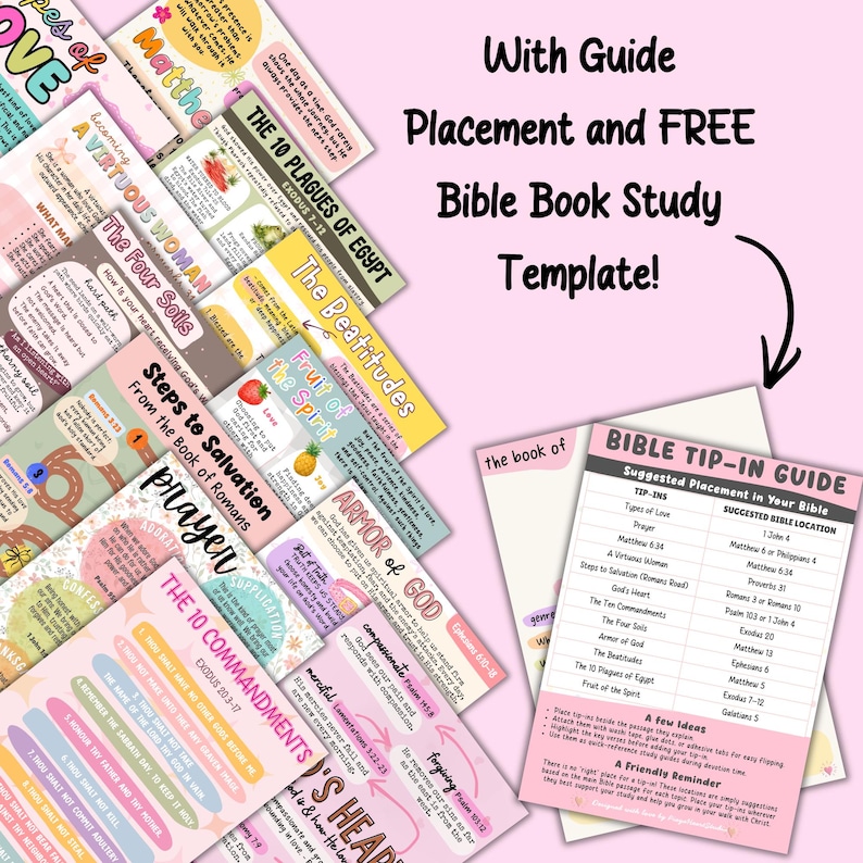 Puede incluir: Una colecci&oacute;n de tarjetas coloridas para el estudio de la Biblia con diversos temas religiosos como los 10 Mandamientos, las Bienaventuranzas y la Armadura de Dios, junto a una gu&iacute;a blanca con ubicaciones sugeridas para cada tarjeta.