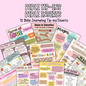 Könnte beinhalten: Eine Sammlung von 12 Bibel-Journaling-Einlegern und Einsätzen mit farbenfrohen grafischen Designs, religiösen Texten und Schriftstellen. Die Blätter enthalten Titel wie Types of Love, The Four Soils, Armor of God und The Beatitudes.