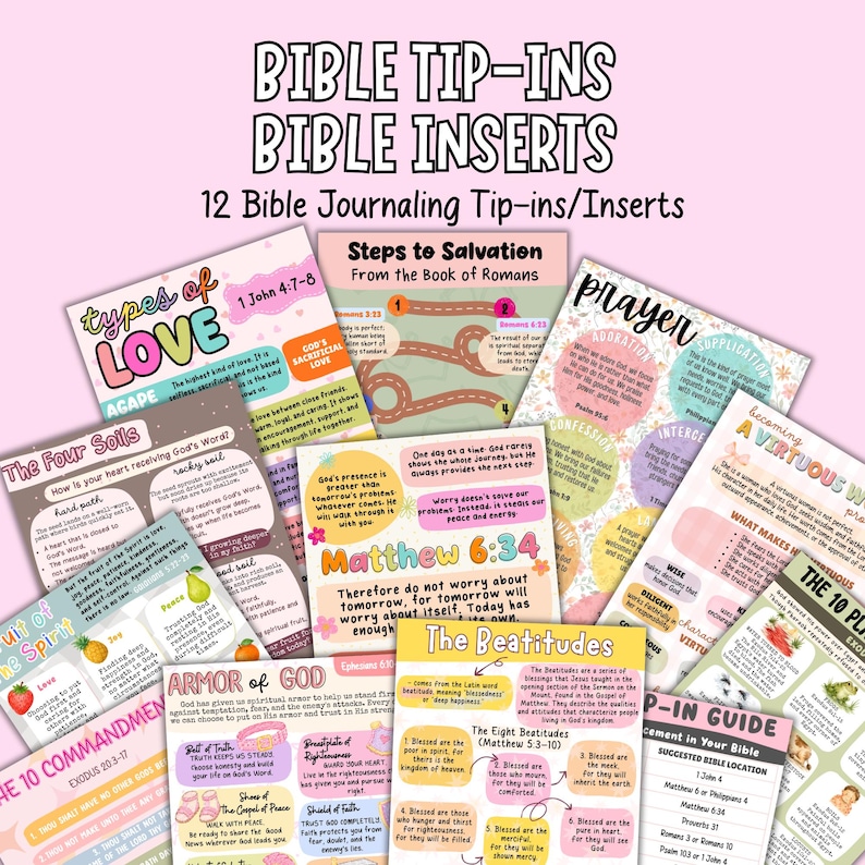 Puede incluir: Una colecci&oacute;n de 12 insertos y tip-ins para diario b&iacute;blico con dise&ntilde;os gr&aacute;ficos coloridos, textos religiosos y referencias a las escrituras. Las hojas incluyen t&iacute;tulos como Types of Love, The Four Soils, Armor of God y The Beatitudes.