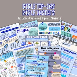 Op de afbeelding: Een verzameling van 12 bijbeljournaling-insteekkaarten en inserts met diverse religieuze thema's, waaronder The Four Soils, The Beatitudes, The 10 Plagues of Egypt, Types of Love, Steps to Salvation en The 10 Commandments met gedrukte tekst.