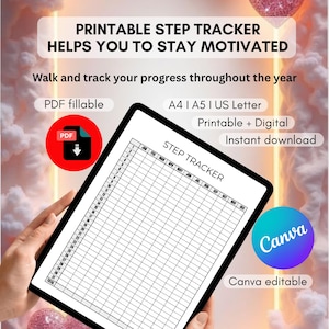 Può includere: Un modello digitale per il monitoraggio dei passi visualizzato sullo schermo di un tablet. La griglia mostra i mesi da gennaio a dicembre e i giorni da 1 a 31. Il testo include PRINTABLE STEP TRACKER HELPS YOU TO STAY MOTIVATED, PDF fillable, A4, A5, US Letter e Canva editable.