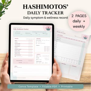 Pode incluir: Um tablet digital exibindo um modelo de rastreador diário de Hashimoto com seções para sintomas, medicação e estilo de vida. Ao lado, uma página impressa de visão geral semanal. O texto diz HASHIMOTOS' DAILY TRACKER.