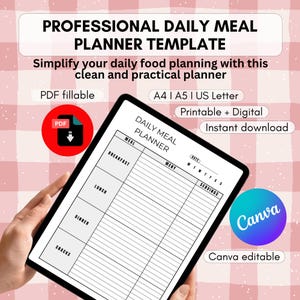 Op de afbeelding: Een digitale dagelijkse maaltijdplanner-sjabloon weergegeven op een tabletscherm. De lay-out bevat secties voor ontbijt, lunch, diner en snacks, met kolommen voor menu-items en porties. Tekst bevat Professional Daily Meal Planner Template.