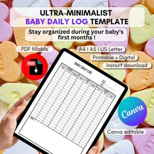 Op de afbeelding: Een digitaal dagelijks logboek-sjabloon voor baby's op een tabletscherm. Het document bevat een raster voor het bijhouden van voedingen, slaap en luiers, met kopteksten voor tijd, borstvoeding en notities. Tekst bevat BABY DAILY LOG.