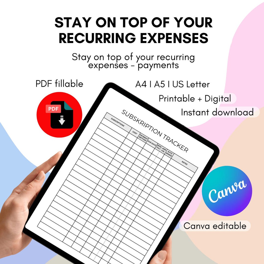 Subscription Tracker Template Monthly Bill Organizer Recurring Payment ...
