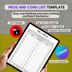 May include: A digital pros and cons list template displayed on a tablet screen. The document features columns for pros, cons, and points, with text reading PROS AND CONS LIST, PDF fillable, A4, A5, US Letter, Printable, Digital, and Canva editable.