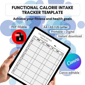 May include: A digital calorie intake tracker template displayed on a tablet screen. The document features columns for morning, afternoon, and evening meals with corresponding calorie fields. Text includes "Functional Calorie Intake Tracker Template", "PDF fillable", "A4 | A5 | US Letter", "Printable + Digital", "Instant download", and "Canva editable".