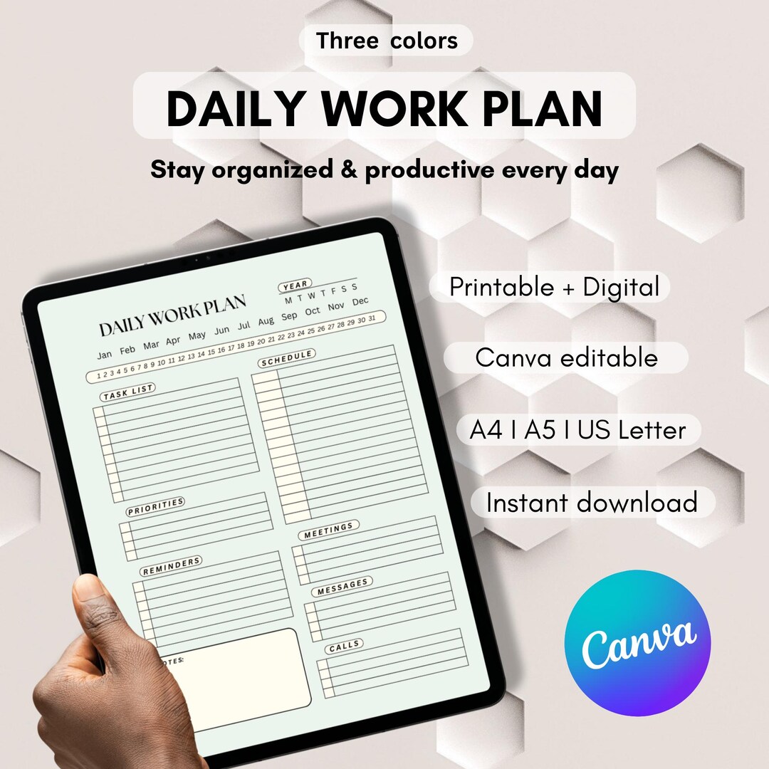 Daily Work Planner Printable & Editable | Minimalist Canva PDF ...