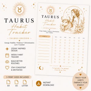 May include: A printable Taurus habit tracker with a gold and beige design. The tracker includes a weekly habit chart, zodiac-inspired design, and the text "Taurus Habit Tracker". It is available in A4, A5, and Letter sizes.