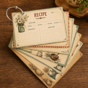 Könnte beinhalten: Ein Stapel Rezeptkarten im Vintage-Stil, zusammengehalten von einem silbernen Ring. Die oberste Karte trägt den Schriftzug "RECIPE" in Rot, mit Feldern für Rezeptname, Zutaten und Anweisungen. Jede Karte zeigt florale und küchenbezogene Illustrationen mit einem rustikalen, gealterten Aussehen.