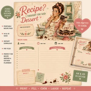 Könnte beinhalten: Eine Rezeptseite im Vintage-Stil mit dem Text "Recipe? I Thought You Said Dessert." Das Design zeigt eine Retro-Illustration einer Frau in einer Küche, einen Schokoladenkuchen und Platz für Rezeptdetails. Enthält A4- und A5-Formate.