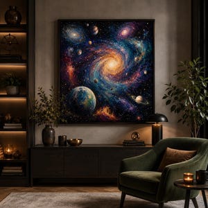 Könnte beinhalten: Ein gerahmtes Kunstwerk, das eine lebendige Galaxie mit wirbelnden Farben von Blau, Orange und Lila darstellt. Planeten und Sterne sind über die kosmische Szene verstreut. Das Kunstwerk hängt über einem dunklen Holzschrank, mit einem grünen Sessel und einem Beistelltisch im Vordergrund.