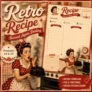 Könnte beinhalten: Ein Rezeptzettel im Vintage-Stil mit dem Text "Retro Recipe Burned Again, Darling." Das Bild zeigt eine Frau in einem roten Polka-Dot-Kleid, die einen verbrannten Kuchen hält. Enthält "Druckbar A4 & A5" und "Sofort-Download."