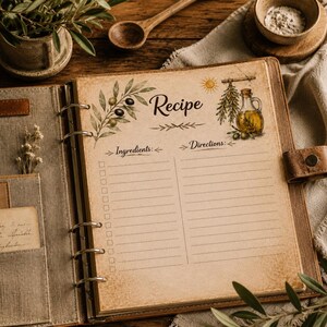 Könnte beinhalten: Ein Rezeptbuch im Vintage-Stil mit Lederumschlag, geöffnet auf einer leeren Seite. Die Seite ist mit Olivenzweigen, einer Sonne und einer Flasche Olivenöl verziert. Das Wort "Recipe" ist in eleganter Schrift geschrieben. Ein Holzlöffel und eine kleine Schüssel befinden sich im Hintergrund.