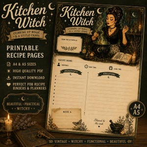 Peut inclure: Pages de recettes imprimables sur le thème vintage de la "Kitchen Witch". Le design présente une sorcière remuant un chaudron, avec de l'espace pour les détails de la recette. Comprend les formats A4 et A5, PDF de haute qualité et téléchargement instantané.