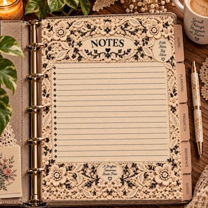 Könnte beinhalten: Eine beige Ringbuchseite mit einem cremefarbenen Spitzenrand und schwarzen Blumenakzenten. Die Seite enthält den Text "NOTES", "Little Notes Big Ideas" und "A Brighter Tomorrow Starts Here" sowie horizontale Linien.