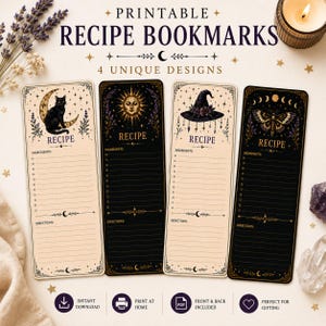 Könnte beinhalten: Vier druckbare Rezept-Lesezeichen mit himmlischen und mystischen Illustrationen. Jedes Lesezeichen enthält Abschnitte für Zutaten und Anweisungen mit Motiven wie einer schwarzen Katze auf einer Mondsichel, einer Sonne, einem Hexenhut und einem Nachtfalter.