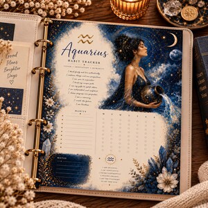 Könnte beinhalten: Eine Aquarius-Gewohnheits-Tracker-Seite in einem Ringbuch mit einer himmlischen Illustration einer Person, die Wasser aus einem Gefäß gießt. Die Seite enthält den Text Aquarius, Habit Tracker, Vision, Innovation, Humanity und eine Liste.