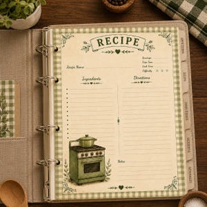 Könnte beinhalten: Eine beige Rezeptbuchseite mit grünem Vichy-Karo-Rand, die den Text RECIPE, Ingredients, Directions und Notes enthält. Die Seite zeigt eine gedruckte Illustration eines grünen Herds mit einem Topf sowie Abschnitte für Portionen, Zubereitungszeit, Kochzeit und Schwierigkeitsgrad.