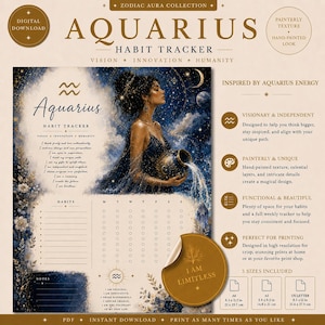 Könnte beinhalten: Digitaler Download des Aquarius-Gewohnheitstrackers mit handgemaltem Look. Das Design zeigt eine Frau, die Wasser aus einem himmlischen Gefäß gießt. Enthält einen Wochen-Tracker, einen Notizenbereich und den Text "I AM LIMITLESS". Erhältlich in 3 Größen.