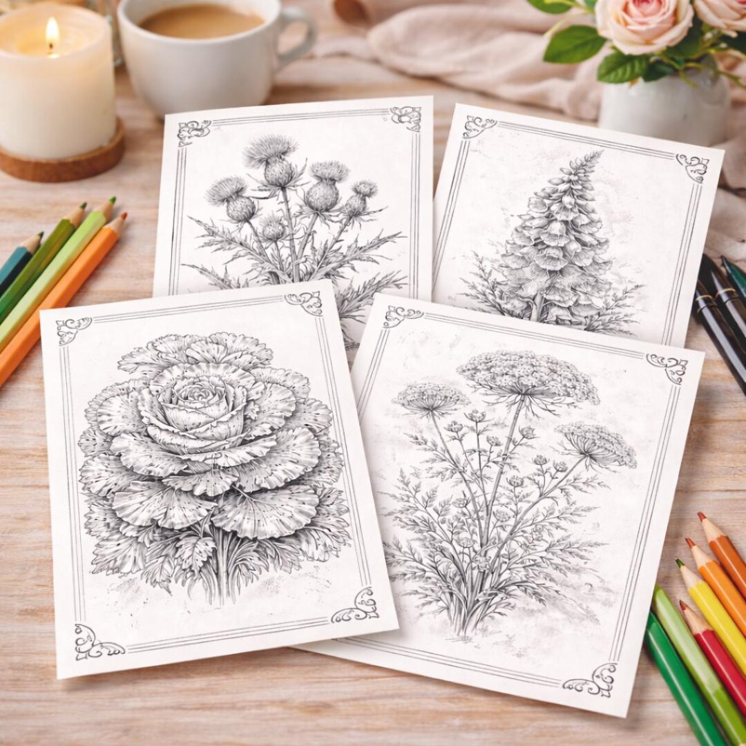 25 Botanical Flower Coloring Pages Printable, Floral Coloring Book PDF ...