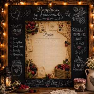 Könnte beinhalten: Eine Kreidetafel mit dem Text Happiness is homemade, Today's Menu und Collect moments, not things. Sie zeigt eine zentrale Rezeptkarte mit Illustrationen von Himbeeren und Brombeeren, umgeben von Lichterketten und rustikalem Dekor.