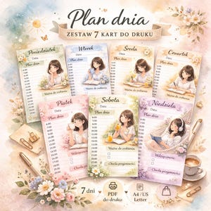 Könnte beinhalten: Aquarell-Stil druckbares Planer-Set mit einer jungen Frau in verschiedenen Umgebungen, eine für jeden Wochentag. Jeder Tag hat ein anderes Farbschema und bietet Platz für Planung und Notizen. Enthält einen Stift, eine Kaffeetasse und florale Akzente.