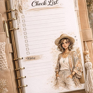 Könnte beinhalten: Ein beiger Planer mit einer Checkliste und den Worten "Check List" und "Notes". Auf der rechten Seite befindet sich eine Illustration einer Frau mit Hut und Bohème-Kleidung. Der Planer hat einen goldenen Stift und eine Quaste.