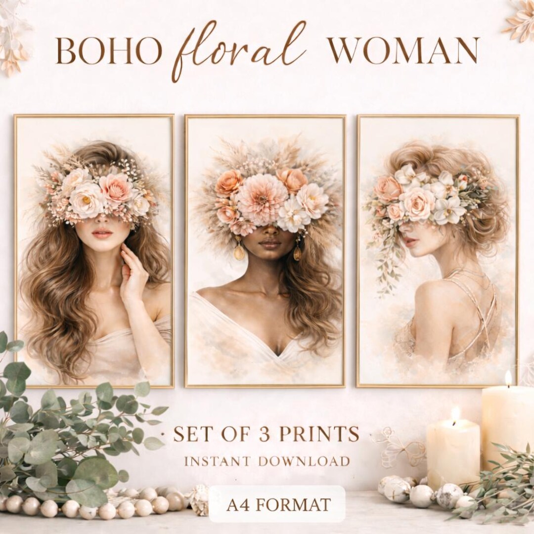 Boho Floral Woman Wall Art Set of 3, Neutral Beige Prints, Feminine ...