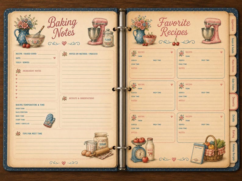 Baking Notes.pdf Vintage Recipe Binder Printable Kit | Cottagecore Recipe Book Pages ...