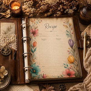 Boho Floral Recipe Card Printable | Cottagecore Recipe Template | Vintage Kitchen Recipe Page | A4 A5 Recipe Binder Insert | Instant Downloa
