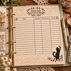 Könnte beinhalten: Ein cremefarbenes Gefrierschrank-Inventarblatt mit Spitzenmuster-Rand in einem goldenen Ringbuchmechanismus. Die Seite enthält Spalten für Item, Quantity, Date Frozen und Use By sowie eine Illustration einer schwarzen Katze.