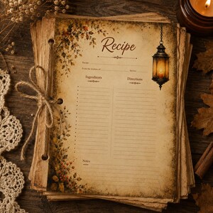 Könnte beinhalten: Ein Stapel gealterter Rezeptkarten im Pergamentstil, die mit einer Schnur zusammengebunden sind. Die oberste Karte zeigt das Wort Recipe, Abschnitte für Zutaten und Anweisungen sowie Illustrationen von Herbstblättern und einer Laterne.