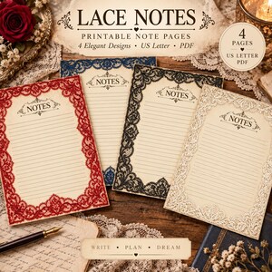 Könnte beinhalten: Vier druckbare Notizseiten mit Spitzenrändern in Rot, Blau, Schwarz und Creme. Jede Seite hat horizontale Linien und das Wort NOTES oben. Der Text lautet LACE NOTES PRINTABLE NOTE PAGES 4 Elegant Designs US Letter PDF.