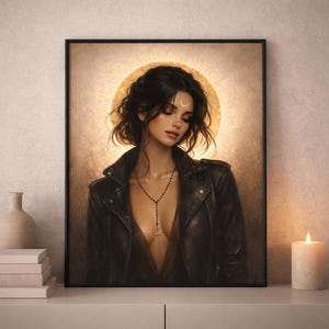 Könnte beinhalten: Gerahmter Kunstdruck mit einer Frau mit dunklem Haar und Lederjacke. Sie hat einen Halbmond auf der Stirn und eine Halskette im Rosenkranzstil. Der Hintergrund hat einen goldenen Halo-Effekt. Eine Kerze und eine Vase stehen auf dem Regal darunter.