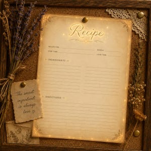 Luxury Vintage Recipe Card Printable, Glowing Recipe Page, Retro Kitchen Binder Insert, Editable Recipe Sheet, Cozy Cottage Kitchen Printabl