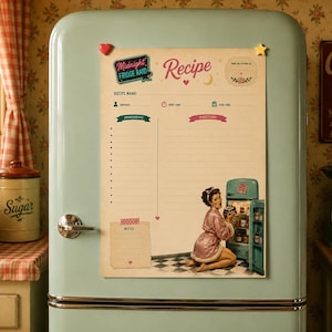 May include: A retro recipe notepad with the words "Midnight Fridge Raid" and "Recipe" printed on it, attached to a pale blue refrigerator. The notepad has sections for ingredients and directions, and a vintage illustration of a woman.