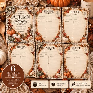 Könnte beinhalten: Sechs Rezeptseiten mit cremefarbenem Hintergrund und einem dekorativen Rand aus Herbstblättern, Kürbissen und Spitze. Jede Seite enthält Felder für Rezeptname, Portionen, Zubereitungszeit, Kochzeit und Temperatur sowie Bereiche für Zutaten und Anweisungen.