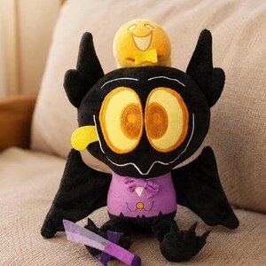 Demon Bat Plush Toy, Spooky Gothic Vampire Stuffed Animal with Pumpkin Head and Purple Sword