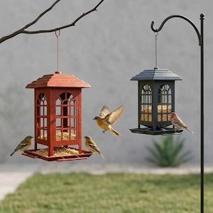 Set di mangiatoie per uccelli con gancio da pastore, decorazione per giardino esterno, stazione di alimentazione per uccelli selvatici, a prova di scoiattolo, casetta per uccelli sospesa in stile lanterna, idea regalo.