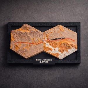 May include: A framed, hexagonal relief map with a textured, desert-like landscape in shades of brown and orange. A red line traces a road across the terrain. The text "Lovell Canyon Road" is visible. A black plaque below reads "Luke Johnson 4:07:28".