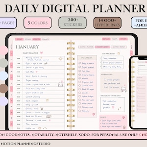 May include: A digital daily planner displayed on a tablet and smartphone screen, featuring 450+ pages, 200+ stickers, and 14,000+ hyperlinks. The interface includes a daily schedule, to-do list, top priorities, affirmations, and memo sections.