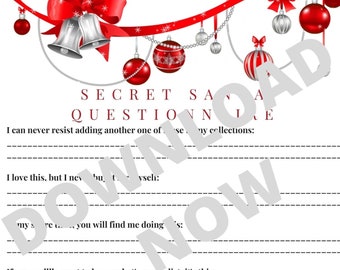 Secret Santa Questionnaire Red Bells Printable Digital Download